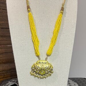 Artisan Made Bright Yellow Seed Beads and Yellow Kundan Style Pendant Necklace